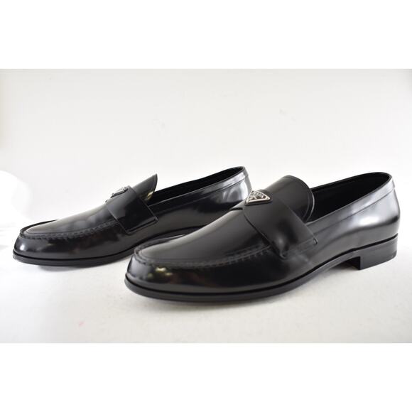 Prada Black Brushed Leather Triangle Logo Classic Loafer SlipOn Flat UK 12 US 13 main image 9